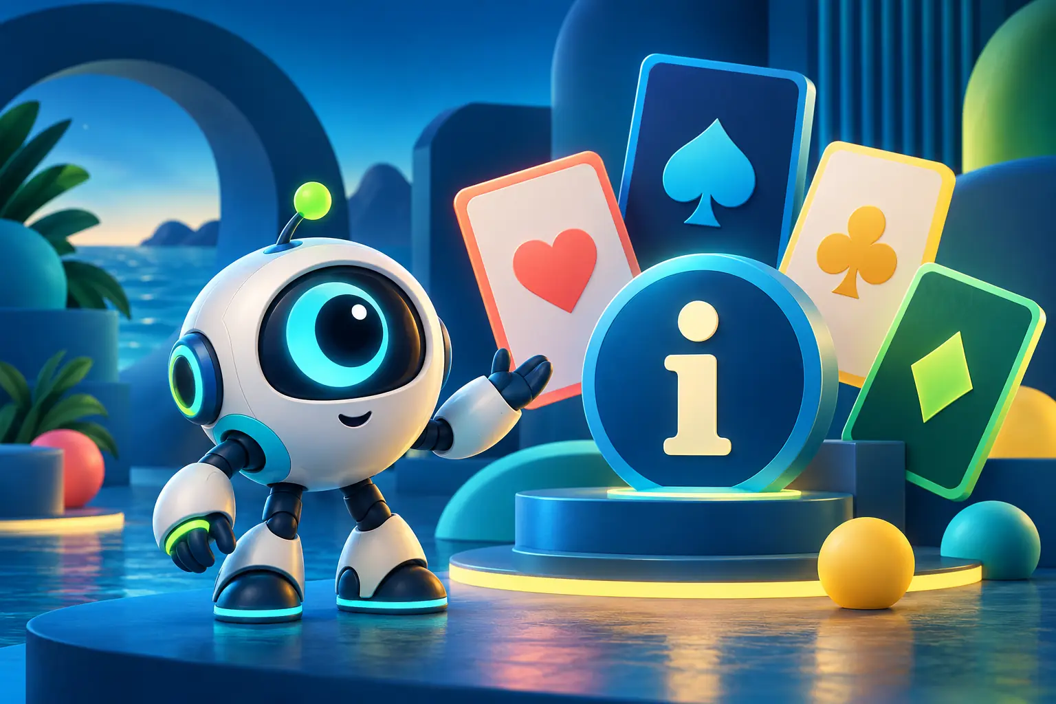 Friendly robot mascot beside information and game cards