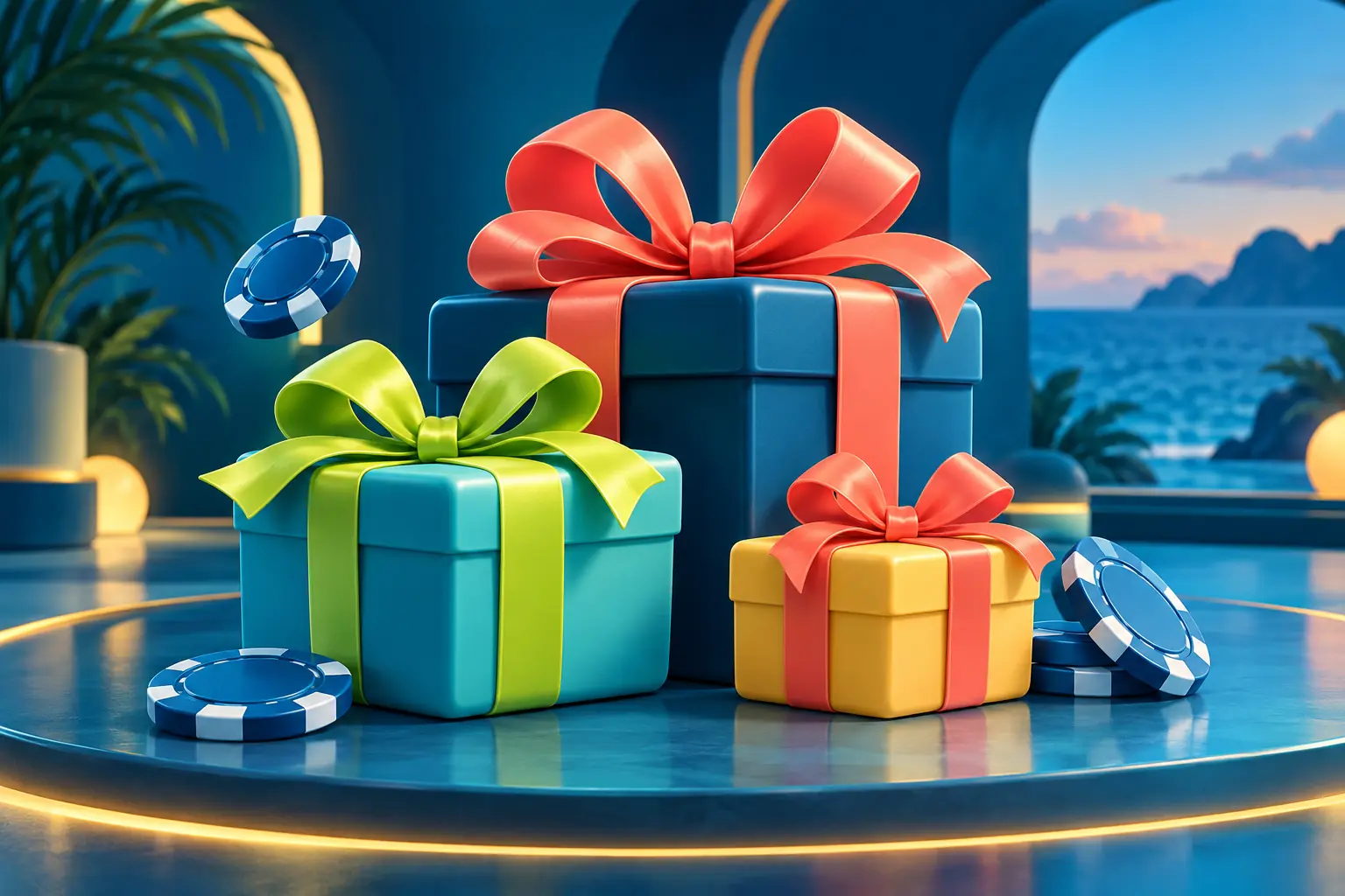 Colourful gift boxes with ribbons and casino chips