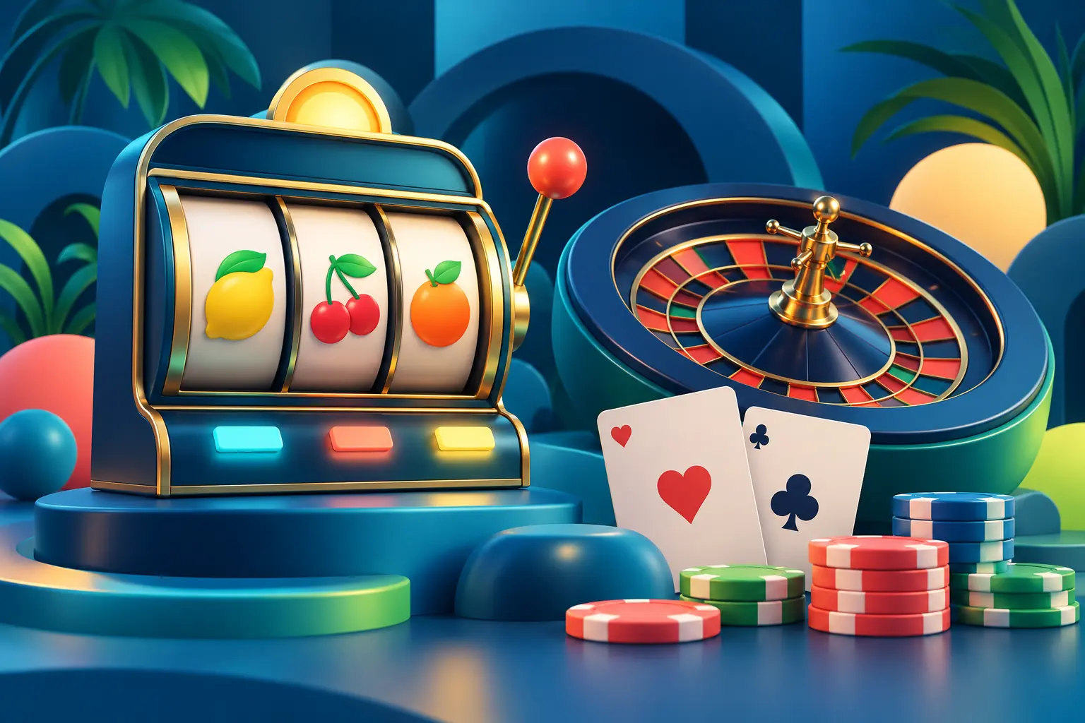 Slot machine, roulette wheel and playing cards