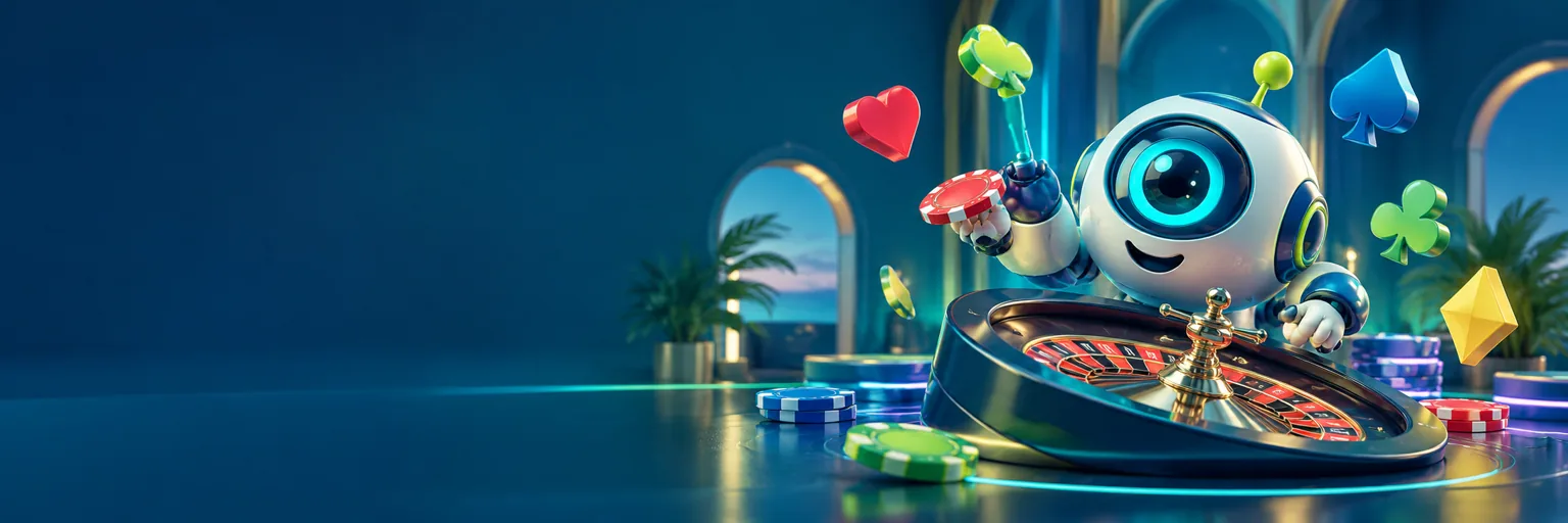 Colourful casino scene with a friendly robot, roulette wheel and playing cards