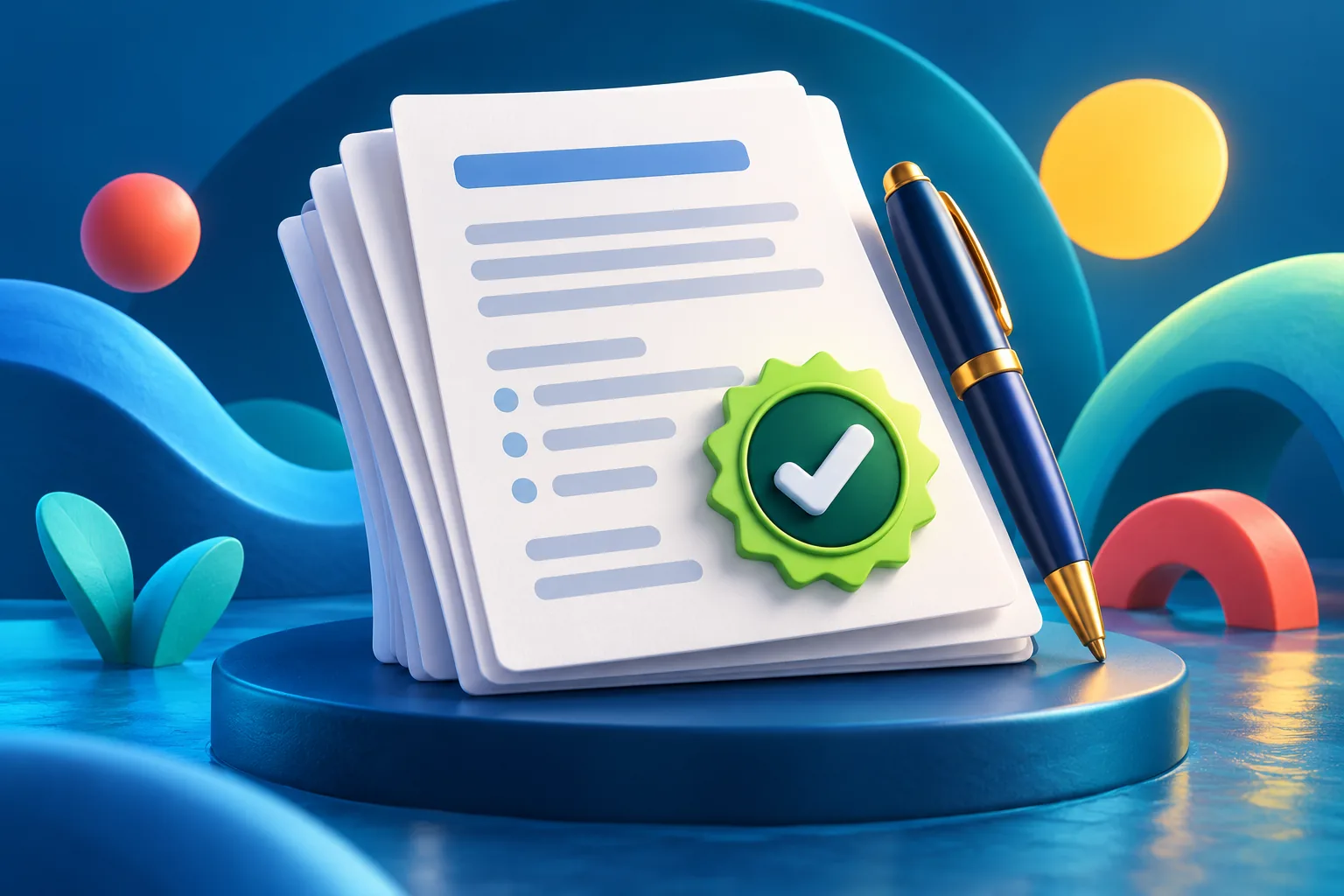 Terms documents, pen and a checkmark seal